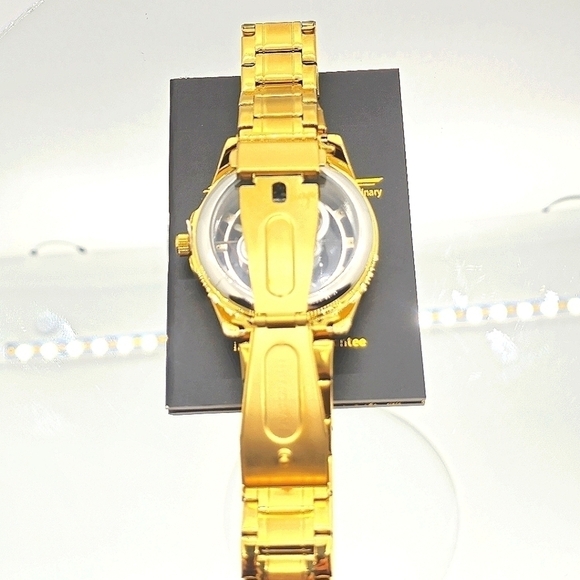 LIGE Men's Skeleton Watch - Gold on Top of Stainless- Clasp Band Great Quality - Picture 5 of 7